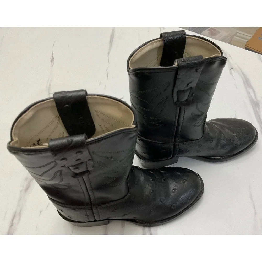 Old West Kids Black Faux Ostrich‎ Western Cowboy Boots Round Toe Size 7.5 2010